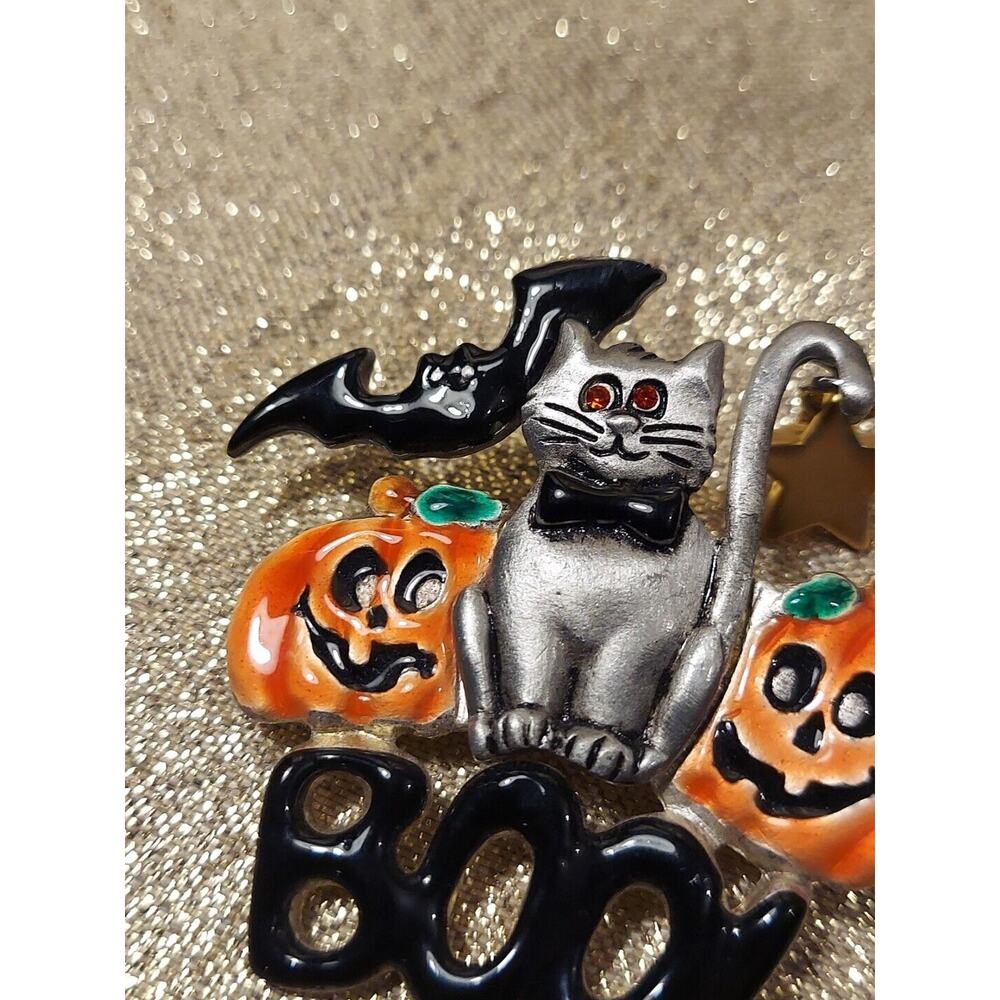 Vintage AJMC Large Halloween Cat Jack O Lantern Bat Boo Enamel Pewter Brooch Pin - Picture 4 of 12